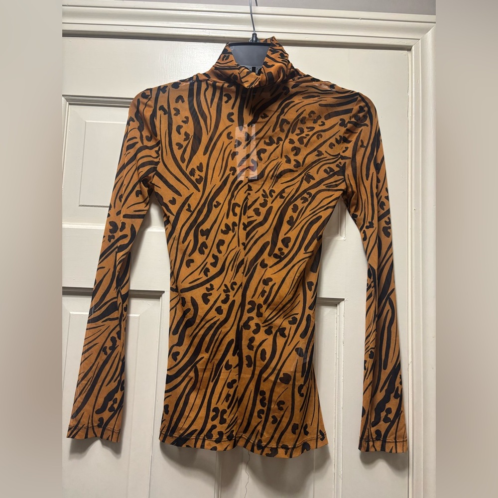 BCBGeneration Animal Print Long Sleeve sheer mesh Top